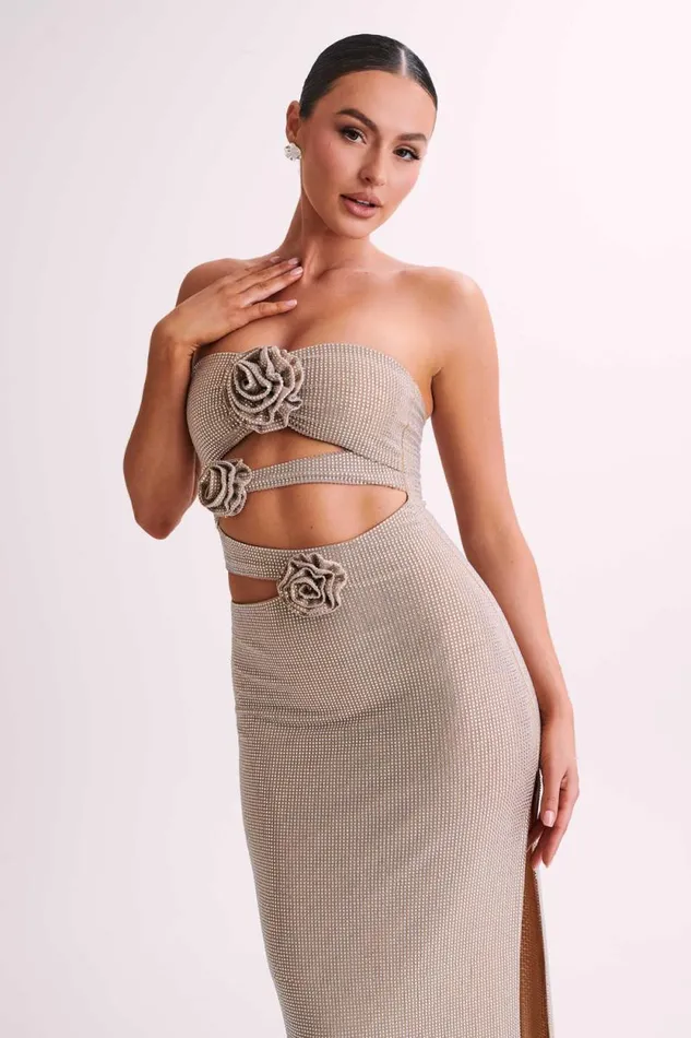 Women Meshki Dresses Stassie Strapless Rose Diamante Maxi Dress 8211 Nude