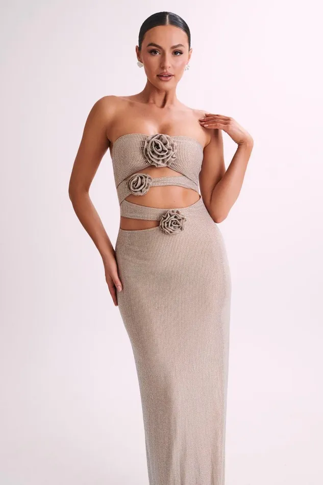 Women Meshki Dresses Stassie Strapless Rose Diamante Maxi Dress 8211 Nude