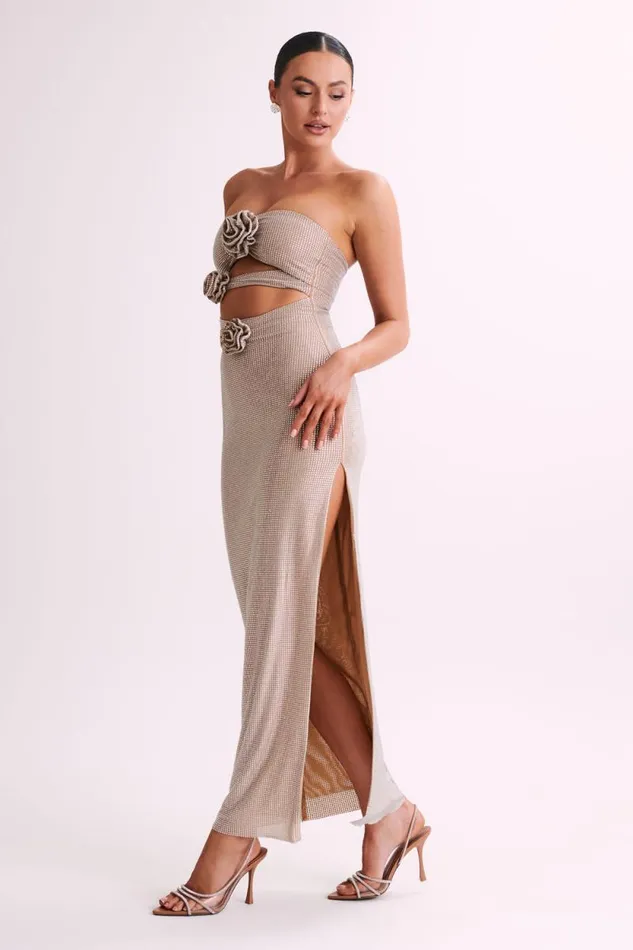 Women Meshki Dresses Stassie Strapless Rose Diamante Maxi Dress 8211 Nude