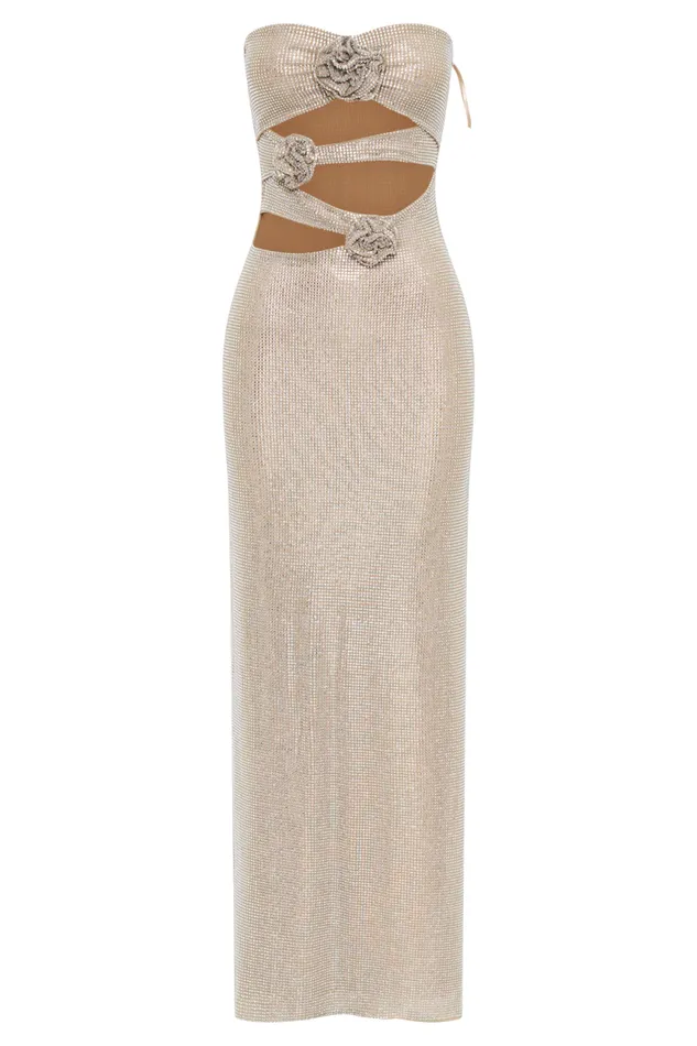 Women Meshki Dresses Stassie Strapless Rose Diamante Maxi Dress 8211 Nude