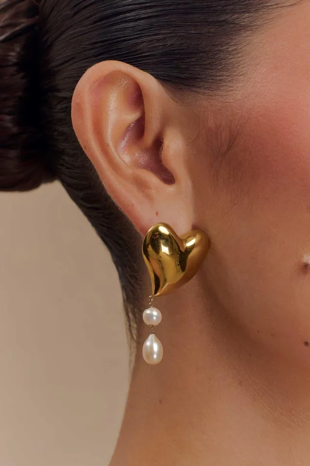 Women Meshki Outerwear Kiara Heart Pearl Drop Earrings 8211 Gold