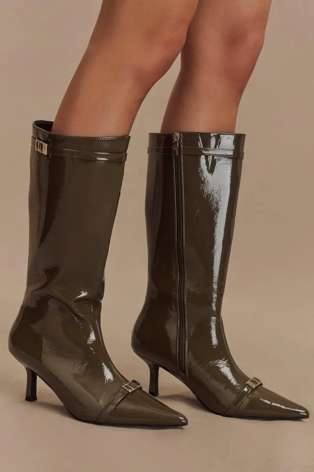 Women Meshki Shoes Astra Patent Faux Leather Buckle Boot 8211 Khaki