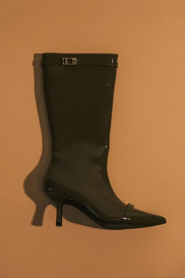 Women Meshki Shoes Astra Patent Faux Leather Buckle Boot 8211 Khaki
