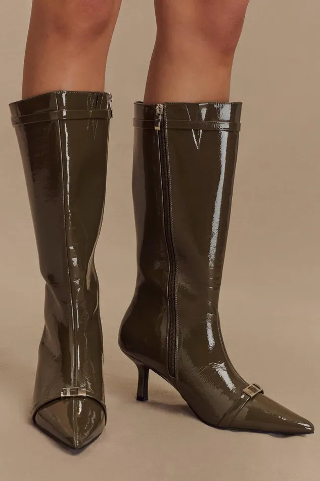 Women Meshki Shoes Astra Patent Faux Leather Buckle Boot 8211 Khaki