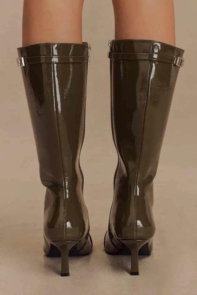 Women Meshki Shoes Astra Patent Faux Leather Buckle Boot 8211 Khaki