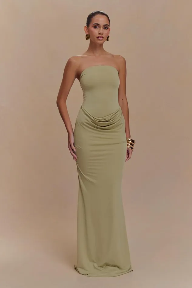 Women Meshki Shoes Madison Strapless Slinky Maxi Dress 8211 Sage