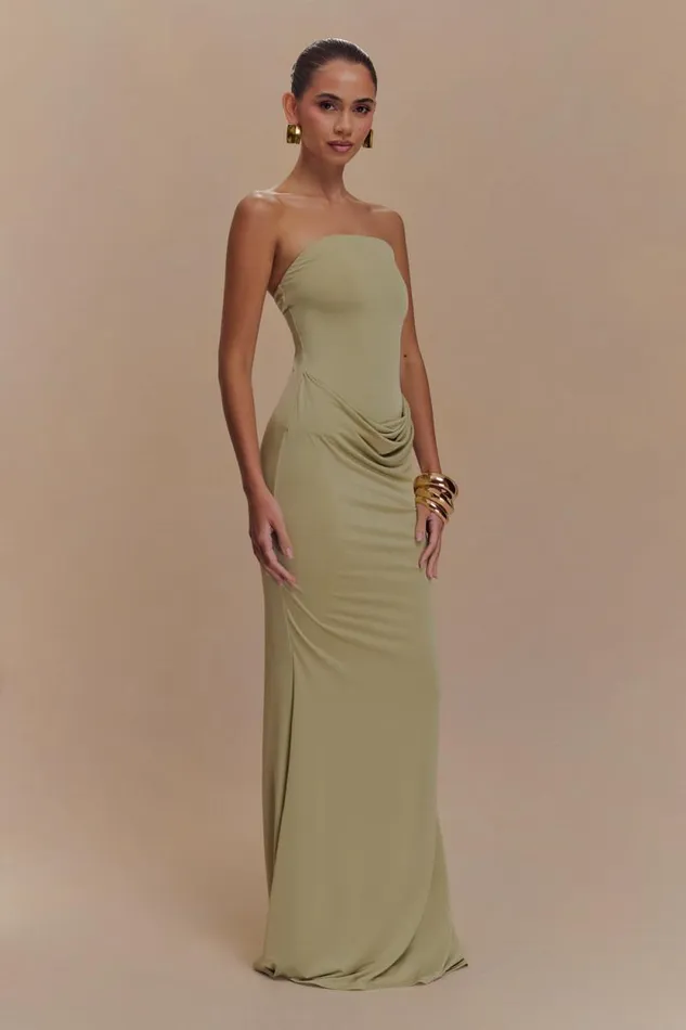 Women Meshki Shoes Madison Strapless Slinky Maxi Dress 8211 Sage