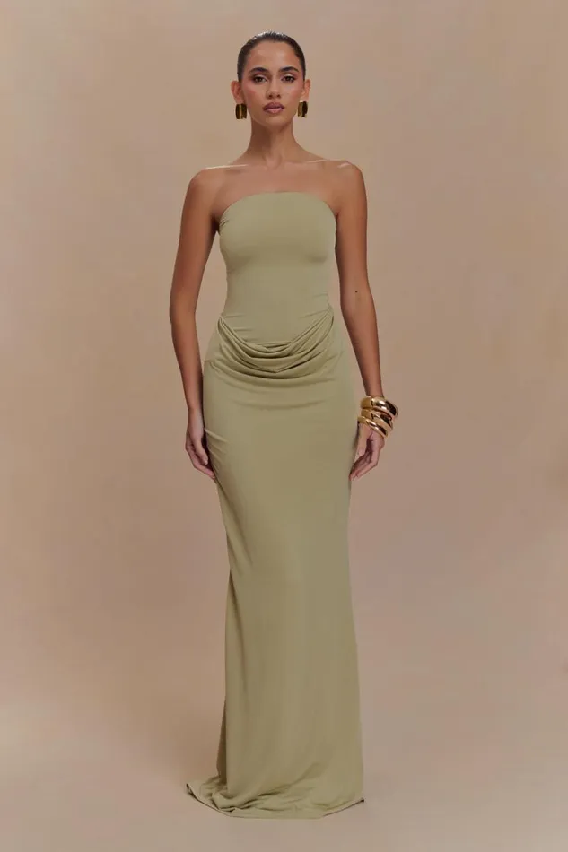 Women Meshki Shoes Madison Strapless Slinky Maxi Dress 8211 Sage