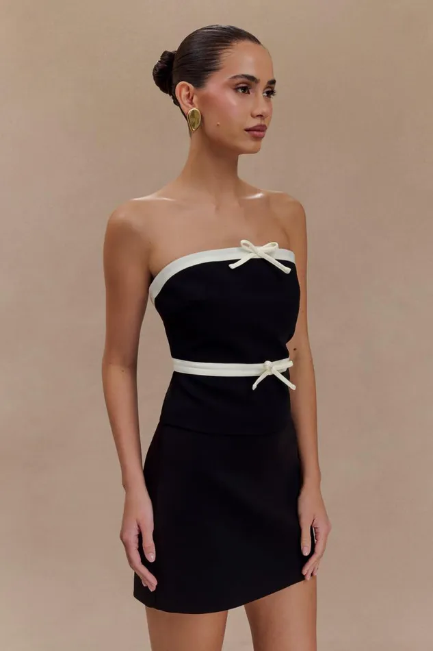 Women Meshki Tops Aisha Strapless Suiting Top With Contrast Bows 8211 Black and White