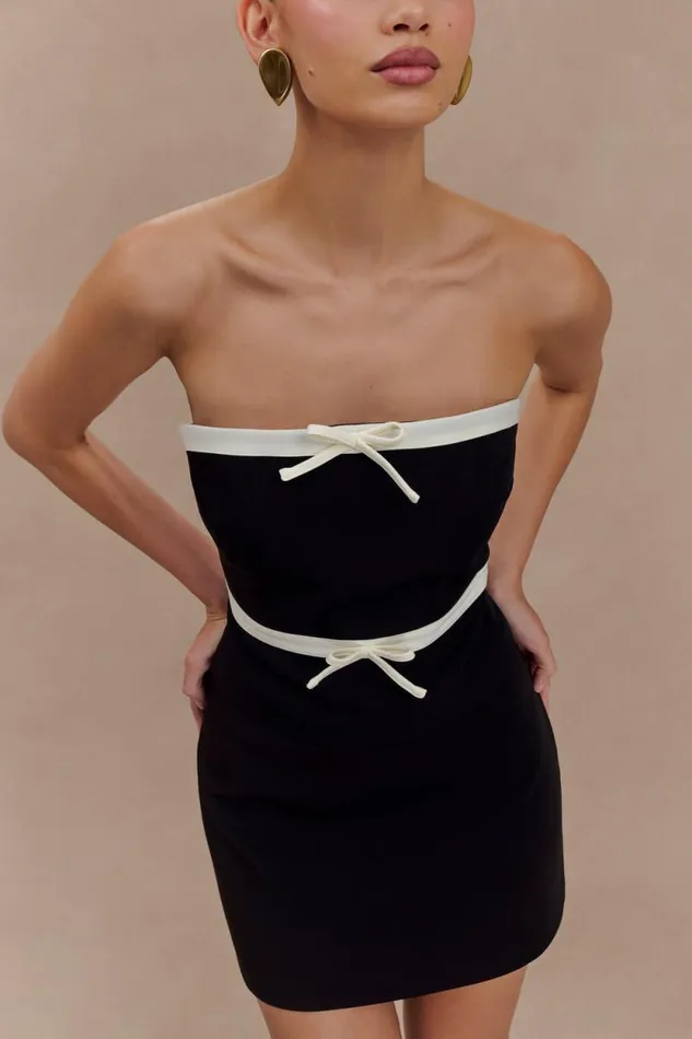 Women Meshki Tops Aisha Strapless Suiting Top With Contrast Bows 8211 Black and White