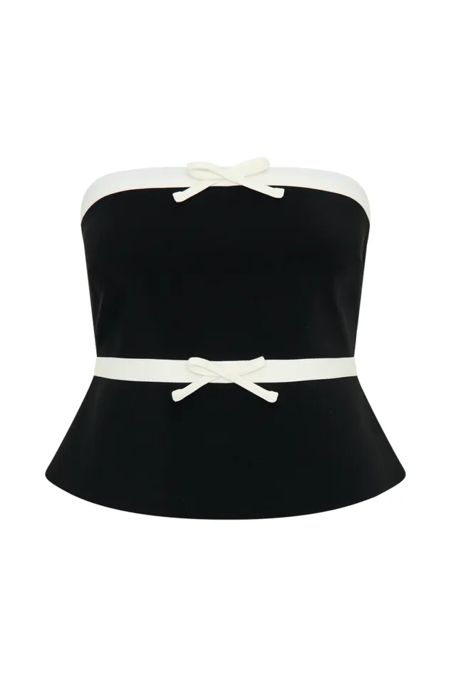 Women Meshki Tops Aisha Strapless Suiting Top With Contrast Bows 8211 Black and White