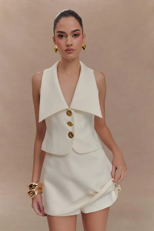 Women Meshki Tops Alix Mixed Button Vest 8211 Ivory