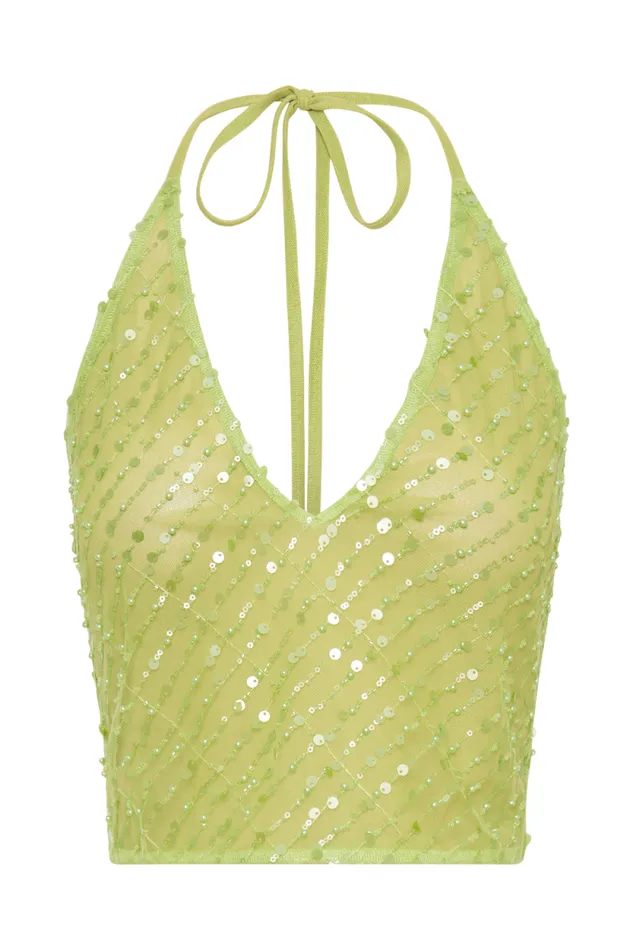 Women Meshki Tops Brielle Sequin Halter Top 8211 Parakeet Green