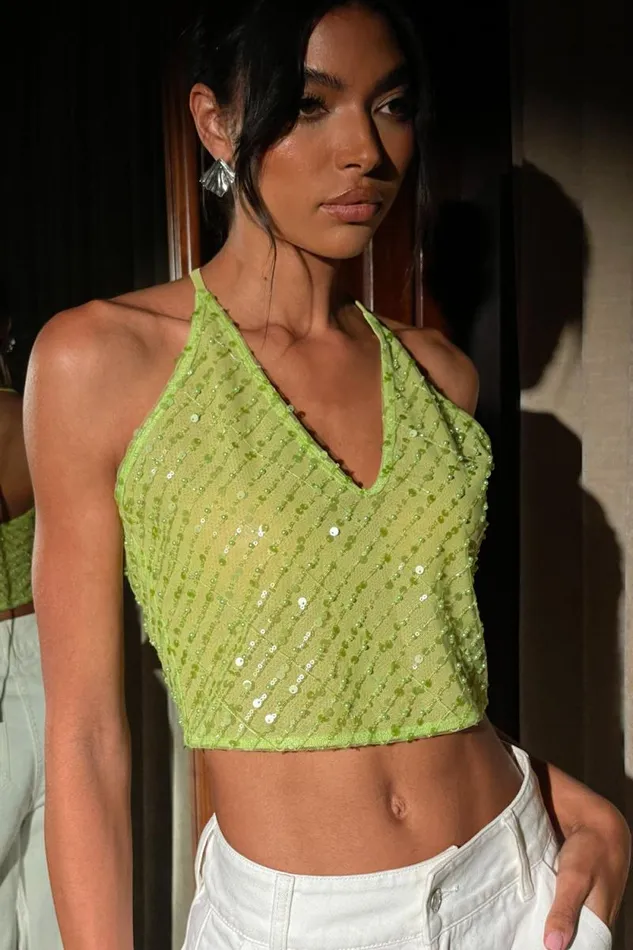 Women Meshki Tops Brielle Sequin Halter Top 8211 Parakeet Green