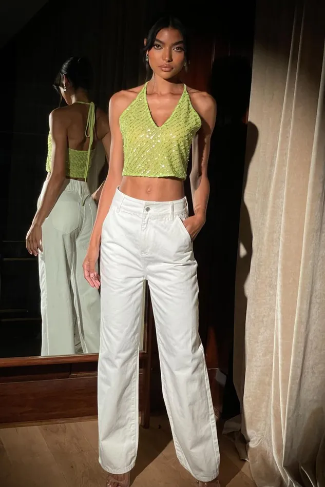 Women Meshki Tops Brielle Sequin Halter Top 8211 Parakeet Green