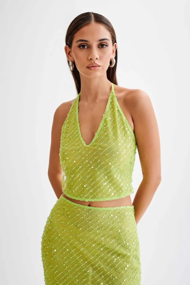 Women Meshki Tops Brielle Sequin Halter Top 8211 Parakeet Green