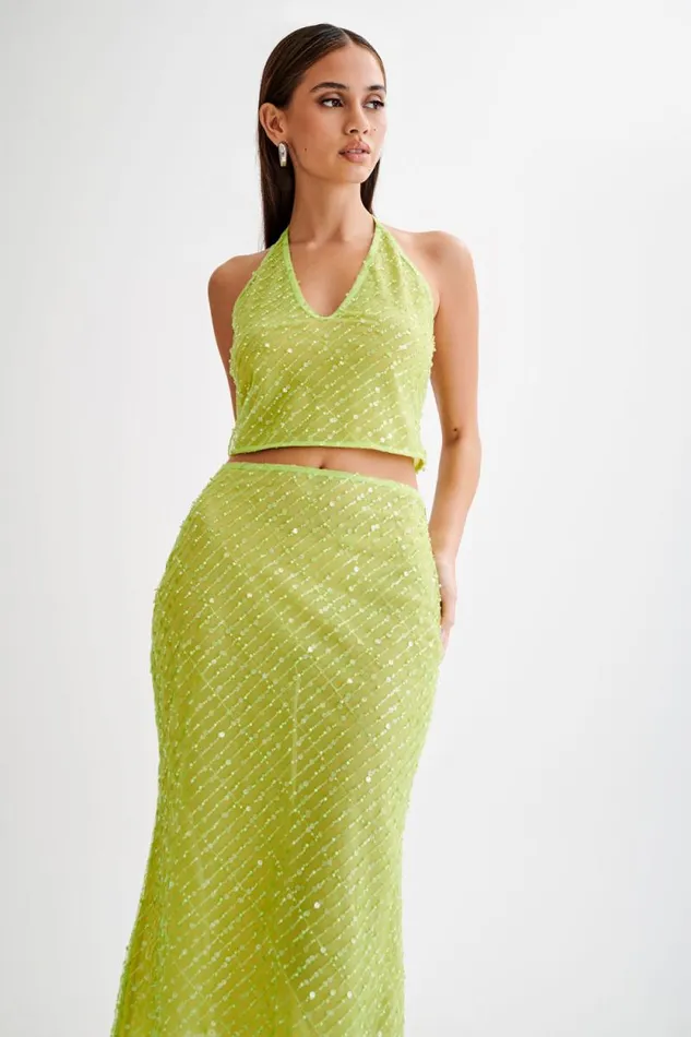 Women Meshki Tops Brielle Sequin Halter Top 8211 Parakeet Green