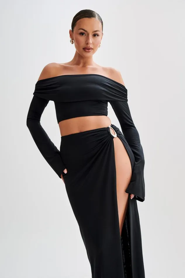 Women Meshki Tops Camryn Slinky Off Shoulder Crop Top 8211 Black