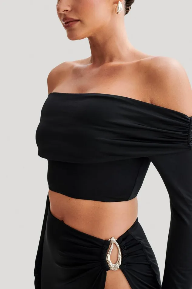 Women Meshki Tops Camryn Slinky Off Shoulder Crop Top 8211 Black