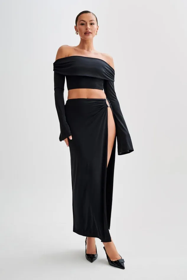 Women Meshki Tops Camryn Slinky Off Shoulder Crop Top 8211 Black