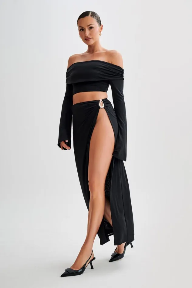 Women Meshki Tops Camryn Slinky Off Shoulder Crop Top 8211 Black