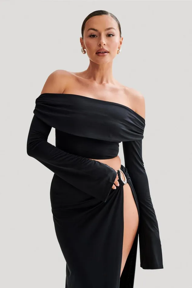 Women Meshki Tops Camryn Slinky Off Shoulder Crop Top 8211 Black