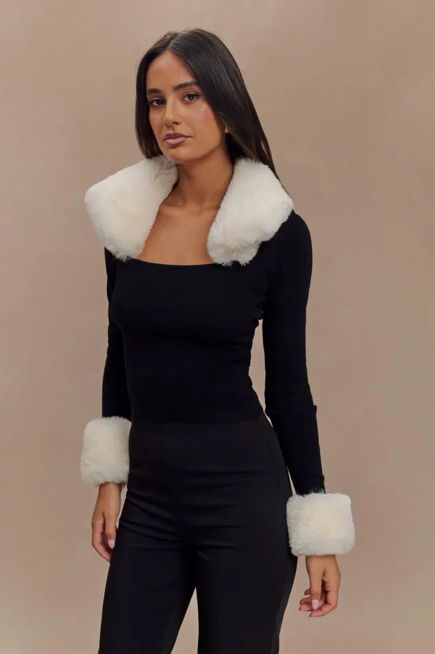 Women Meshki Tops Cressida Faux Fur Knit Long Sleeve Top 8211 BlackWhite