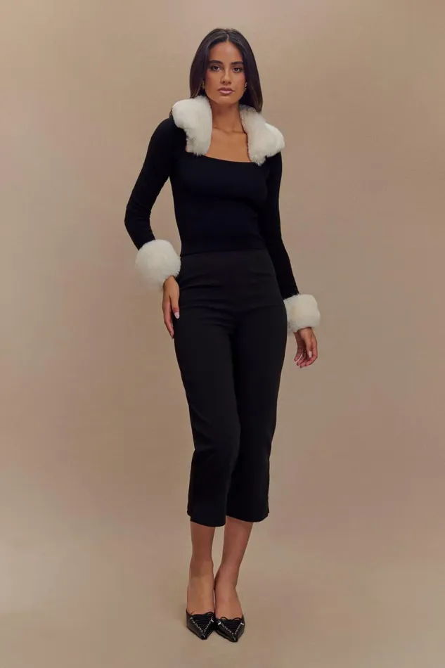 Women Meshki Tops Cressida Faux Fur Knit Long Sleeve Top 8211 BlackWhite