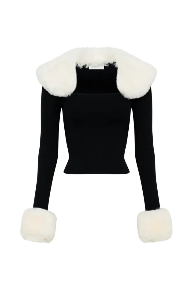 Women Meshki Tops Cressida Faux Fur Knit Long Sleeve Top 8211 BlackWhite