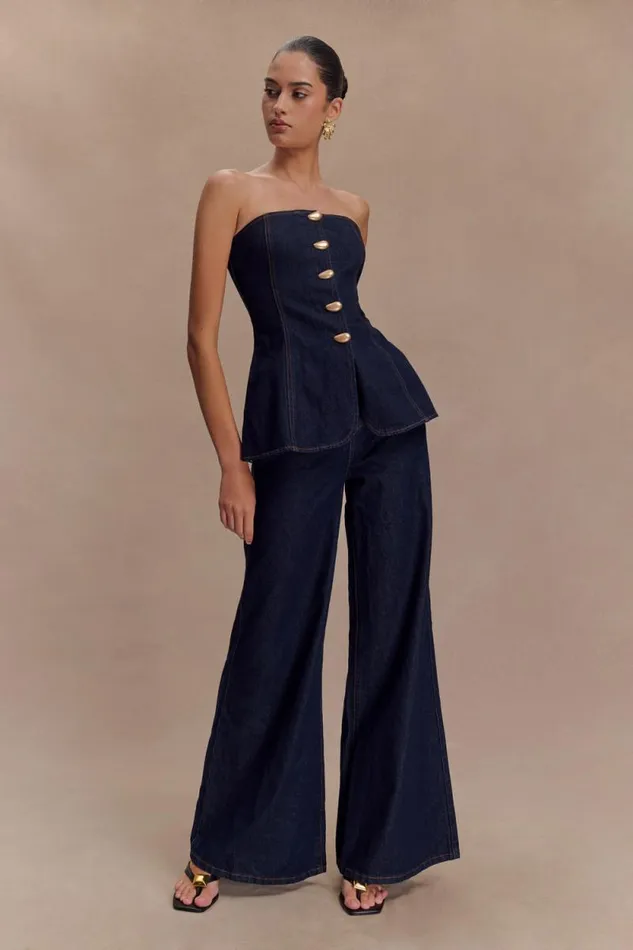 Women Meshki Tops Lennox Strapless Long Line Button Top 8211 Indigo Blue