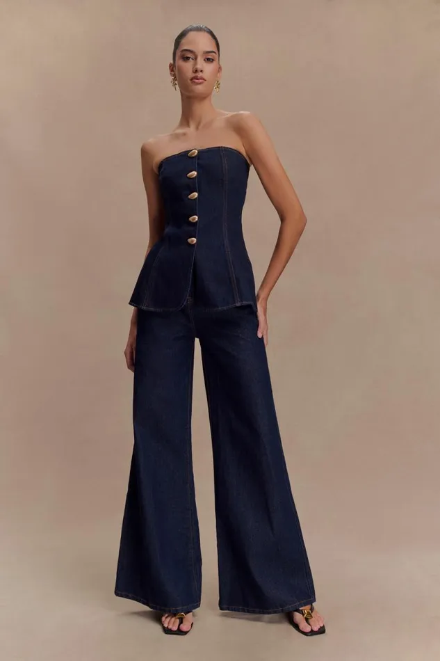 Women Meshki Tops Lennox Strapless Long Line Button Top 8211 Indigo Blue