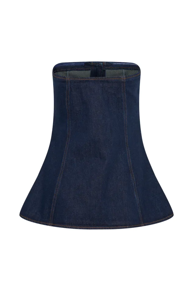 Women Meshki Tops Lennox Strapless Long Line Button Top 8211 Indigo Blue