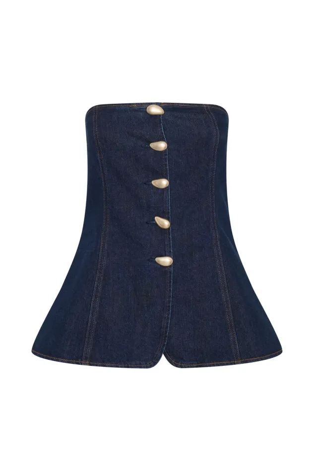 Women Meshki Tops Lennox Strapless Long Line Button Top 8211 Indigo Blue