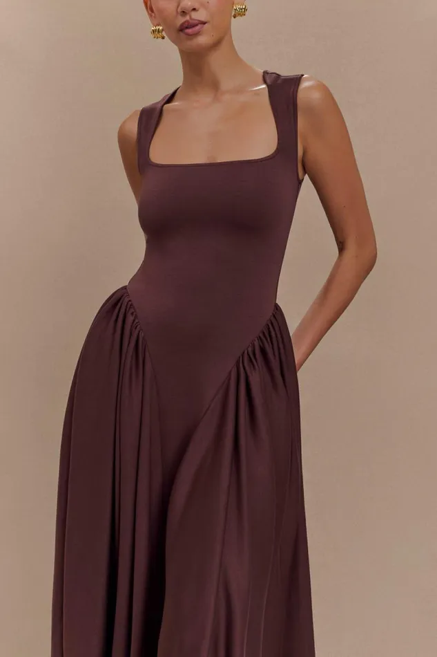Women Meshki Tops Sharon Scuba Jersey Midi Dress 8211 Cacao Brown