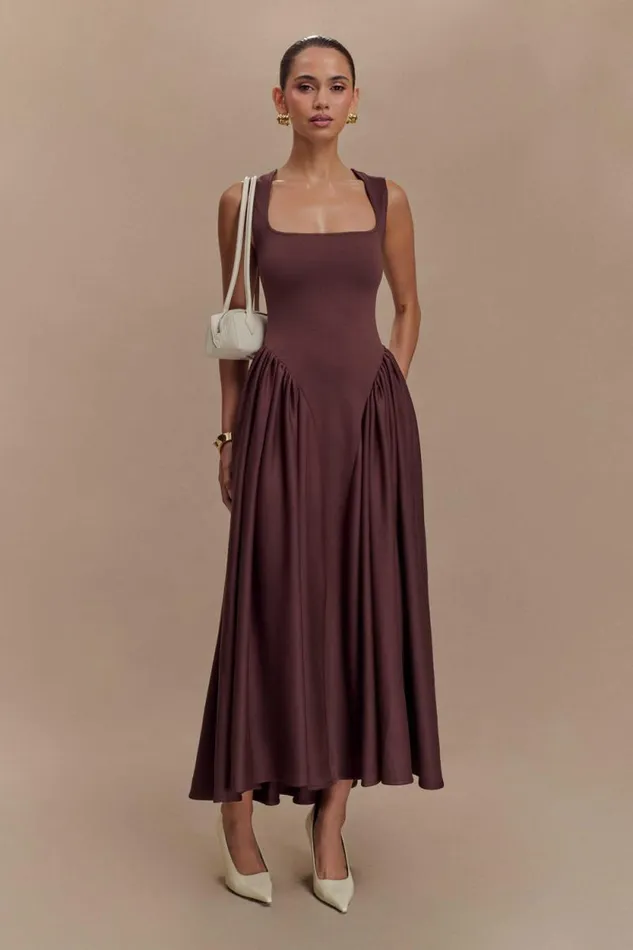 Women Meshki Tops Sharon Scuba Jersey Midi Dress 8211 Cacao Brown