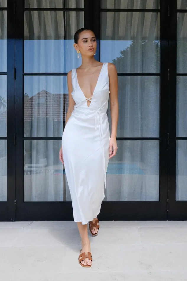 Women Meshki Two Piece Sets Elouise Tie Around Satin Midi Dress 8211 Ivory