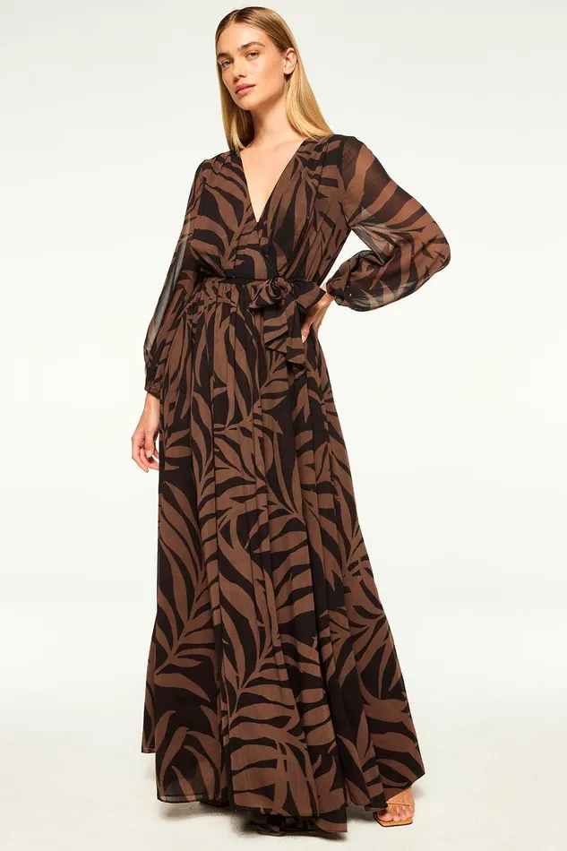 Women MISA Los Angeles Dresses GIA DRESS Chocolate Palm Frond