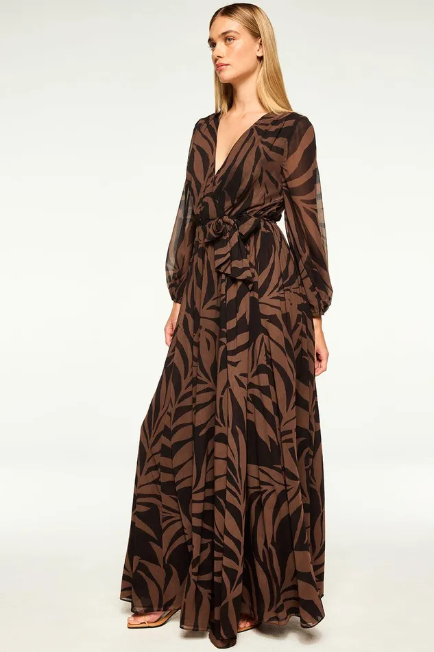 Women MISA Los Angeles Dresses GIA DRESS Chocolate Palm Frond