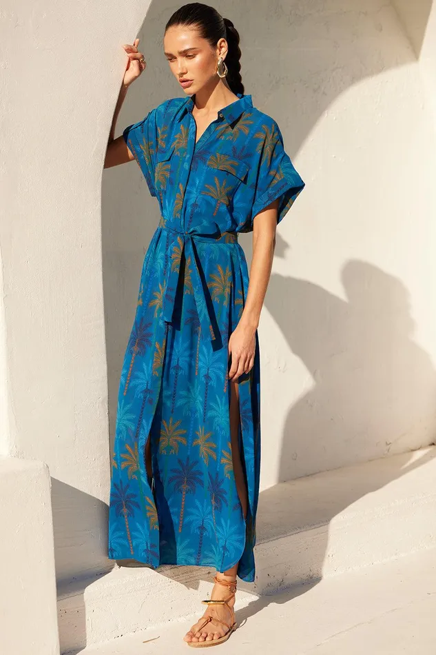 Women MISA Los Angeles Dresses LOU DRESS Cobalt Palms Chiffon