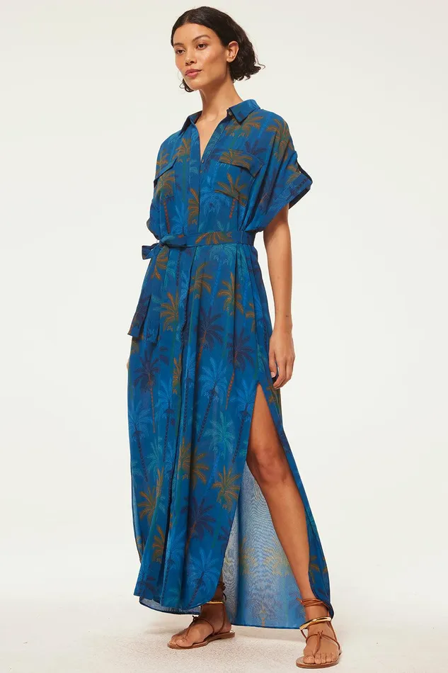 Women MISA Los Angeles Dresses LOU DRESS Cobalt Palms Chiffon