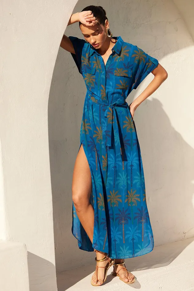 Women MISA Los Angeles Dresses LOU DRESS Cobalt Palms Chiffon