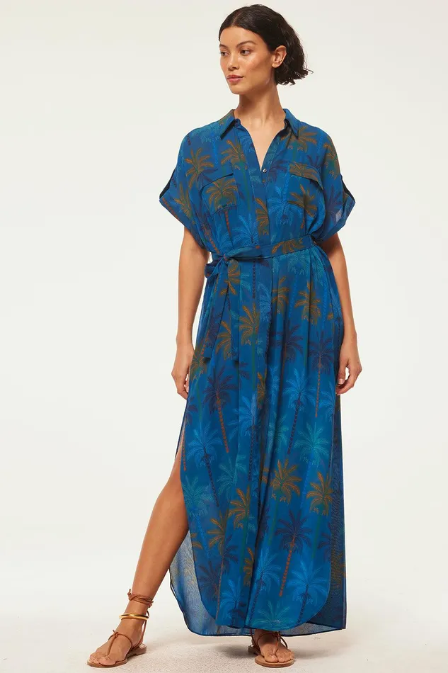 Women MISA Los Angeles Dresses LOU DRESS Cobalt Palms Chiffon