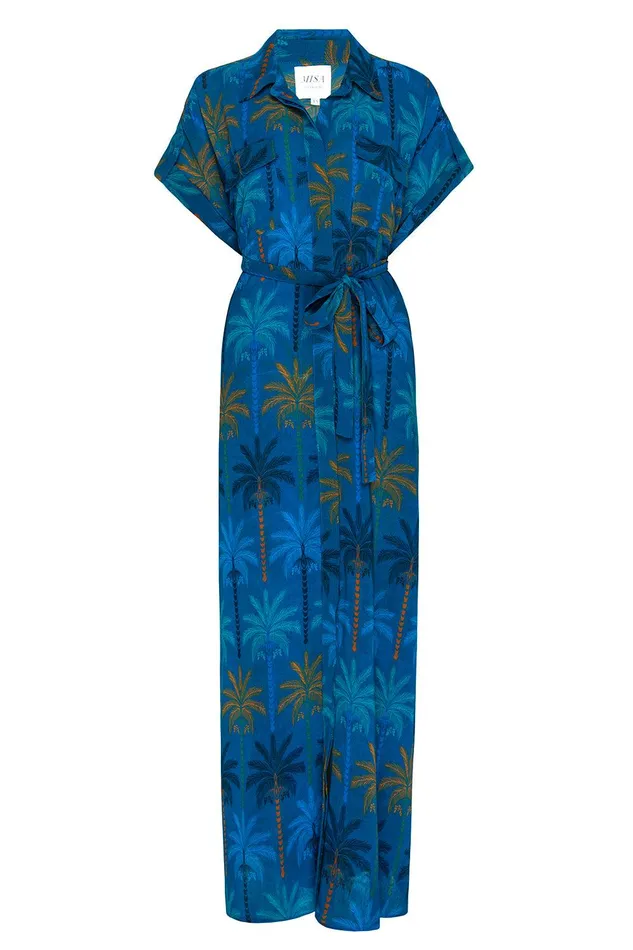 Women MISA Los Angeles Dresses LOU DRESS Cobalt Palms Chiffon