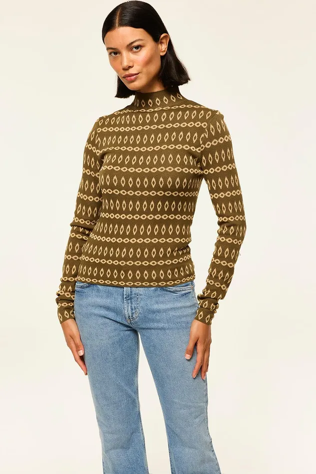 Women MISA Los Angeles Knits RIVER TOP Olive Geo Stripe