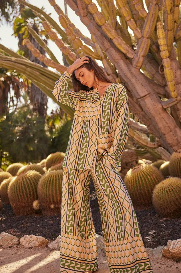 Women MISA Los Angeles Matching Sets TEODORA TOP Limoncello Geo Satin