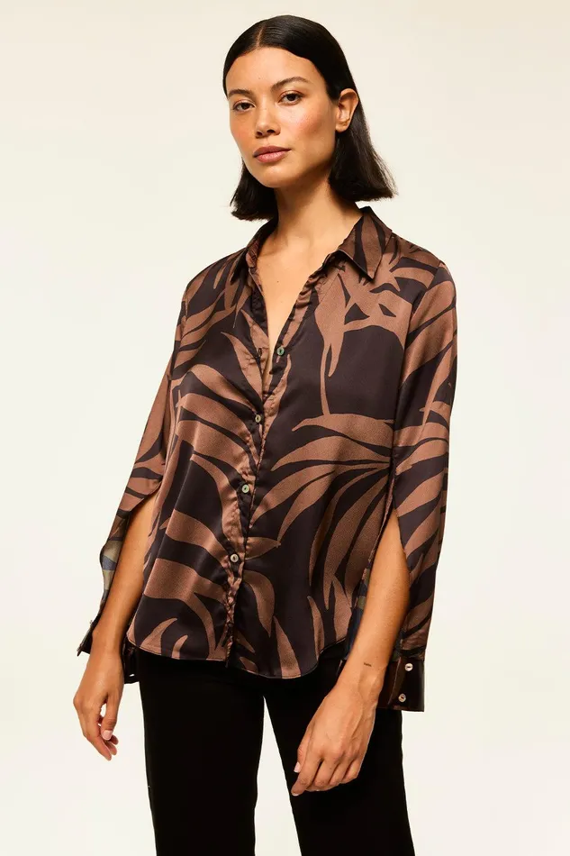 Women MISA Los Angeles Tops ROYA TOP Chocolate Palm Frond Satin