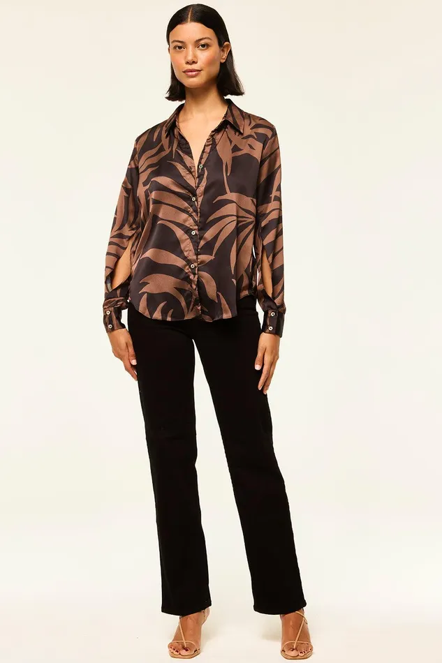 Women MISA Los Angeles Tops ROYA TOP Chocolate Palm Frond Satin