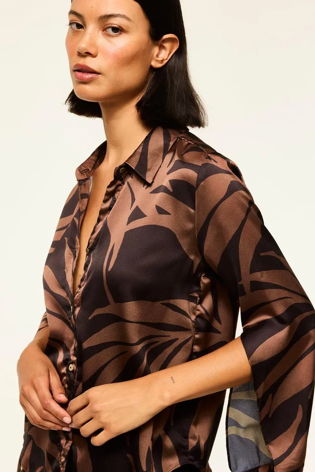 Women MISA Los Angeles Tops ROYA TOP Chocolate Palm Frond Satin