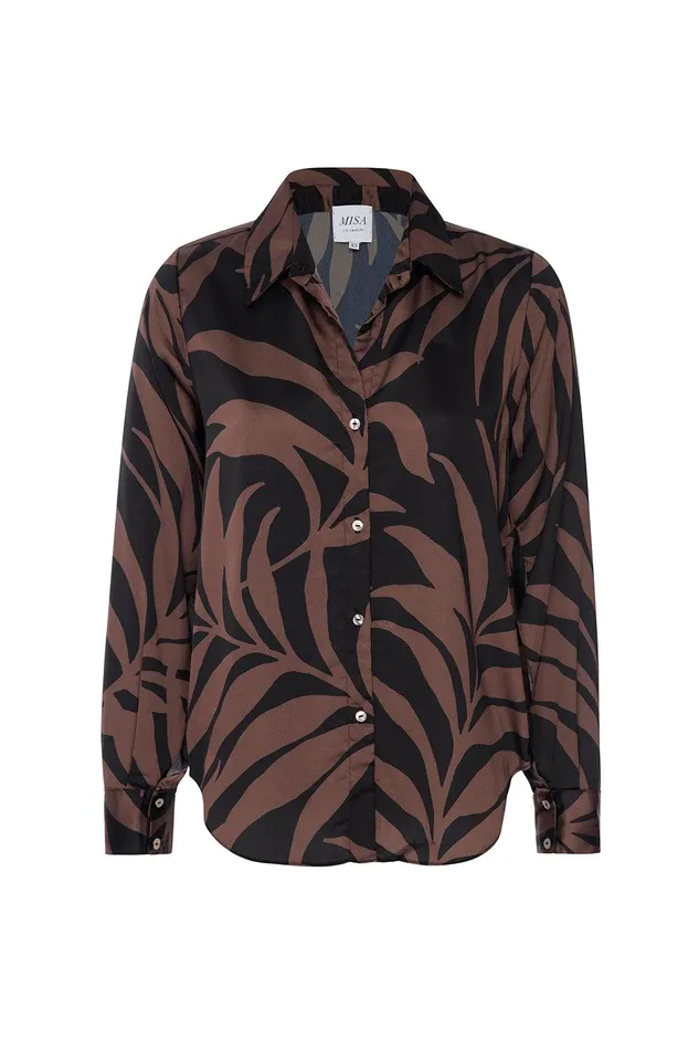 Women MISA Los Angeles Tops ROYA TOP Chocolate Palm Frond Satin