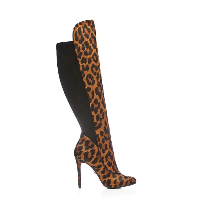 Women Moda In Pelle Knee High Boots Savi Leopard Print Pony